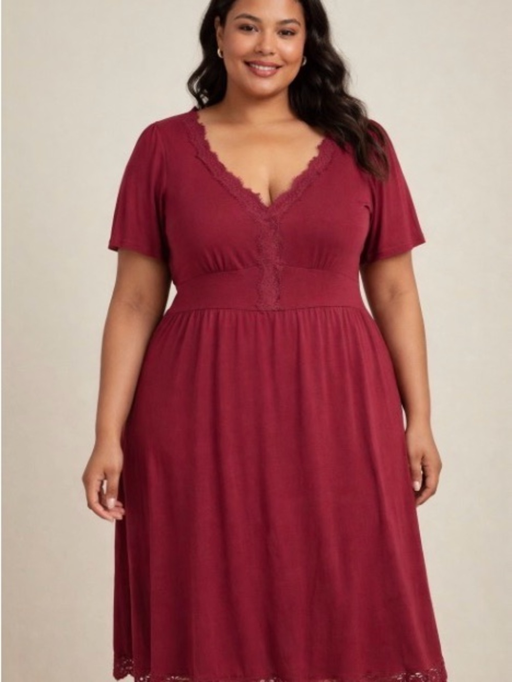BloomChic Wine Red Lace Trim V-Neck Midi Dress